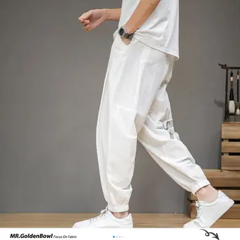 MrGoldenBowl Chinese Style Printed Man Harem Pants Cotton Linen Men Casual Loose Pants 2020 Japanese Men's Joggers Trousers