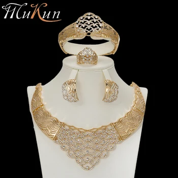 MuKun trendy Dubaj zlaté šperky sady pre ženy krištáľové Náušnice Nigérijský Korálky Náhrdelník šperky set pre Svadby, Módne šperky