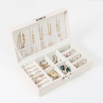 Multi-funkčné Šperky Organizátor pre Ženy PU Kožené Šperky Zobraziť Okno so Zámkom pre Náušnice Náramky Náhrdelníky Prstene