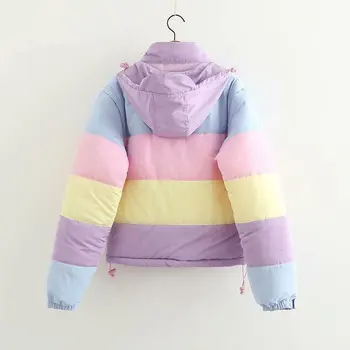 Multicolor Kontrast Rainbow Prúžok Teplá Bunda Turtleneck Zips S Kapucňou Kabát Kórejský Japonský Lolita Ružové Bloku Windbreaker Ženy
