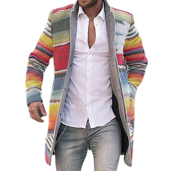 Muži Bunda Na Jeseň Zima Rainbow Pruhy Otvoriť Predné Dlhý Rukáv Zákopy Srsti Kabát Streetwear Plus Veľkosť
