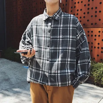 Muži Harajuku Farebný Blok Kockované Košele 2020 Mens Streetwear Hrubé Tričká Dlhý Rukáv Male Vintage Kórejský Módne Oblečenie