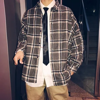 Muži Harajuku Farebný Blok Kockované Košele 2020 Mens Streetwear Hrubé Tričká Dlhý Rukáv Male Vintage Kórejský Módne Oblečenie