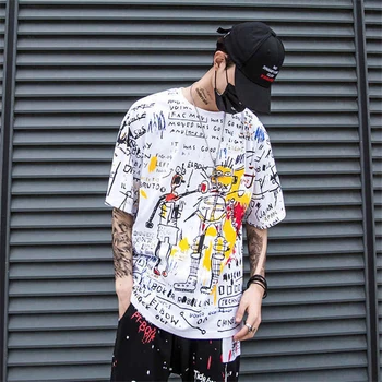 Muži hip hop voľné t-shirt 2019 lete Polovičný rukáv T-shirt Bežné tričko streetwear 2019 Módne Cartoon Graffiti Tlač, T Košele