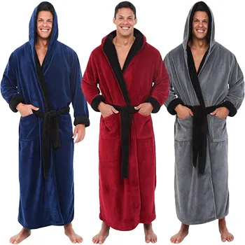 Muži Hooded Flannel Hrubé Bežné Zimné Jeseň Dlho Kimono Šaty, Teplo Domova Sleepwear Vaňa Župan Pajama Nightgown