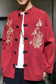 Muži Červená Kimono Bunda 2020 Mužov Bavlnená Bunda Tlač Žaba Uzavretie Tlačidlo Kongfu Kabát Muž Voľné Cardigan Retro Kabát M-5XL