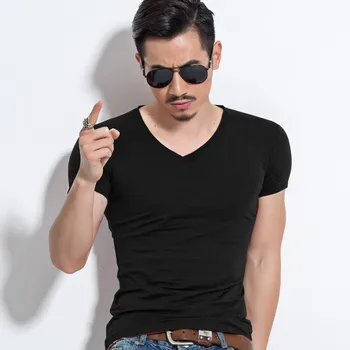 Mužov V golier pánske T-shirt, bavlna tesné krátke rukávy vesta, čistej bavlny pure color veľkoobchod pánske T-shirt