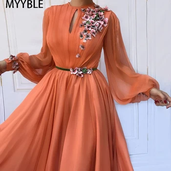 MYYBLE Coral Marockej arabčine Večerné Šaty Strany Elegantné pre Ženy Celebrity Dlhé Rukávy Šifón Dubaj Caftans Formálne Šaty