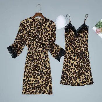 Mäkké Ženské Kimono Župan Šaty Leopard Sleepwear Bežné Nightdress Sexy Nightgown Voľné Lougne 5 KS Župan Vyhovovali Domáce Oblečenie