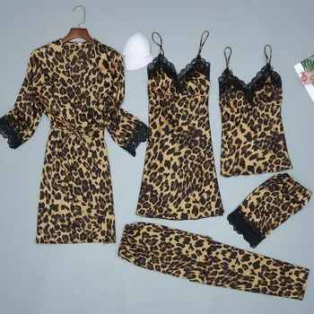 Mäkké Ženské Kimono Župan Šaty Leopard Sleepwear Bežné Nightdress Sexy Nightgown Voľné Lougne 5 KS Župan Vyhovovali Domáce Oblečenie