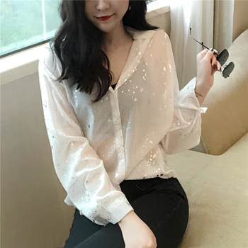 Móda 2019 jar šifón tričko žena príčinné tlač hviezdy dámske tričko dlhý rukáv dámske topy a blúzky blusas G376