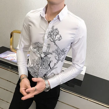 Móda 2020 Biele Tričko Mužov kórejský Slim Fit Tlač Košele pre Mužov Streetwear Jeseň Zima Dlhý Rukáv Mužov Bežné Tričko Šaty