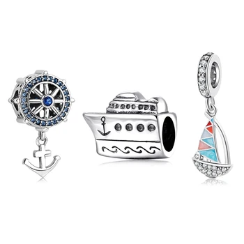 Móda 925 Sterling Silver loď kotvy modré crystal CZ jemné prívesky perličiek Šperky čo fit Pôvodné Mikiwuu Kúzlo Náramok