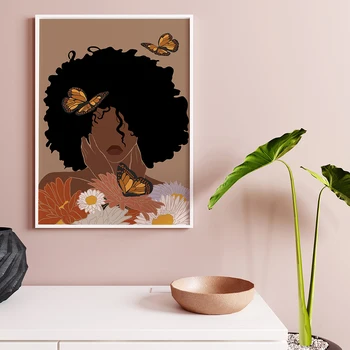 Móda Africkej Ženy Umenie Výtlačkov Hlava Kvet, Motýľ Afro Žena Black Dievča Boho Plagát Plátno Krásy Maľovanie Obrazov Na Stenu