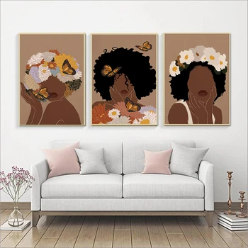 Móda Africkej Ženy Umenie Výtlačkov Hlava Kvet, Motýľ Afro Žena Black Dievča Boho Plagát Plátno Krásy Maľovanie Obrazov Na Stenu