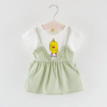 Móda Baby Girl Dress Lete Princezná Falošné 2 Kus Batoľa Zvierat Kačica Vzor Krátky Rukáv Bavlna Roztomilý Šaty