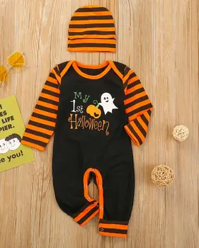 Móda Baby Halloween Oblečenie Nastaviť Deti Tekvica Ghost Remienky Klobúk Stanovuje Módny Pruhy Oblečenie, Obleky 2 ks Oblečenia ropa de bebe