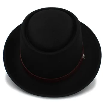 Móda Bravčové Koláč Klobúk pre Mužov Vlna Ploché Fedora Klobúk pre Pána Gambler Panama plstený klobúk Hat Klobúk s Módne Belwt Veľkosť 58 cm