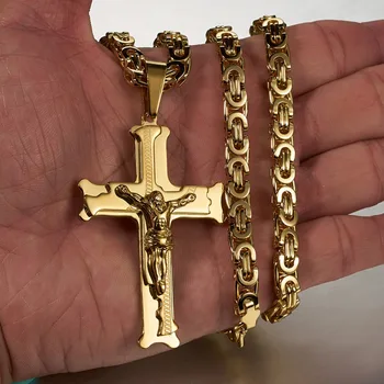 Móda Christian Ježiš Kríž Prívesok Náhrdelníky 6 mm Hrubé Odkaz Byzantskej Reťaz z Nerezovej Ocele Mužov Šperky Golier Darček