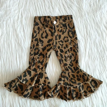 Móda deti prehrabať džínsové nohavice detské dievčatá najpredávanejšie leopard džínsy dievča sladké dlhé nohavice s tlačidlo