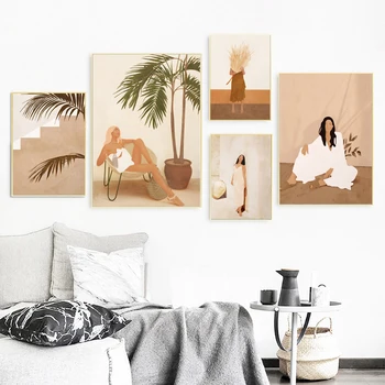 Móda Elegantné Dievča Palmového Lístia Minimalistický Abstraktné Nordic Plagát Na Stenu Art Print Plátno Na Maľovanie Interiéru Obrázky Pre Obývacia Izba