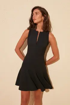 Móda elegantné lístkového rukávom čierne ženy sexy vysoký pás bežné office lady mini šaty s čipkou lete sladké cute štíhla strany dovolenku