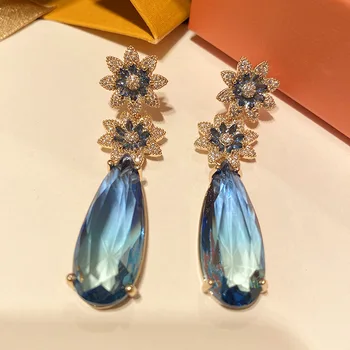 Móda kvet blue cz dlhé veľký pokles náušnice pre ženy, svadobné svadobné darček šperky