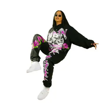 Móda Kvetinový Tlačiť Dva Dielna Sada Pre Ženy Pulóver Mikiny A Tepláky Oblečenie 2021 Nové Street Style Hip Hop Tepláková Súprava Nastaviť