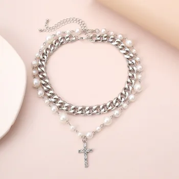 Móda Luxusný Dizajn Imitácie Perál Choker Žena Cross Prívesok Náhrdelníky pre Ženy Šperky Darček Klasický Kríž Mužov Náhrdelník
