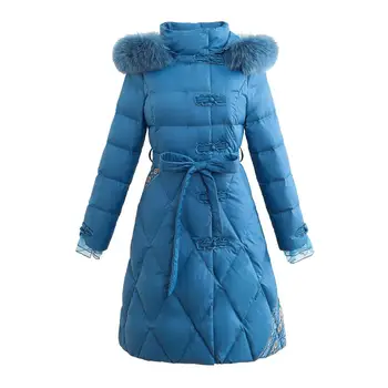 Móda modrý Nadýchaný bavlna coats žena zimné národnej hrubšie teplé parkas reálne kožušinový kabát s kapucňou S pásom F2337