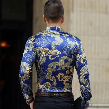 Móda mužov luxusné značky hodváb tričko kvalitný čínsky štýl drak vzor velúrové smoking tričko mužov