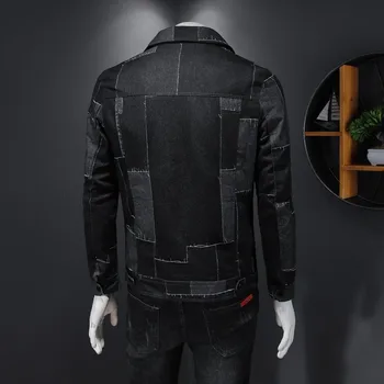 Móda Patchwork Čierna Denim Jacket Muži Jeseň Dlhý Rukáv Slim Fit Singel Svojim Bundy Na Motocykel Bežné Vrchné Oblečenie Muž