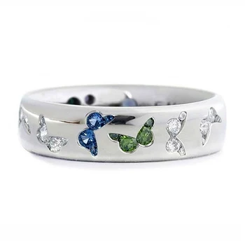 Móda strieborná farba crystal motýľ prstene pre ženy roztomilý multicolor zirkón výročie krúžok koktail party šperky, darčeky