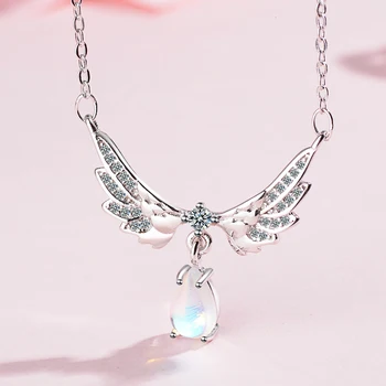 Móda Vynikajúci Temperament 925 Sterling Silver Šperky Moonstone Crystal Anjel Krídla Clavicle Reťazca Prívesok Náhrdelníky