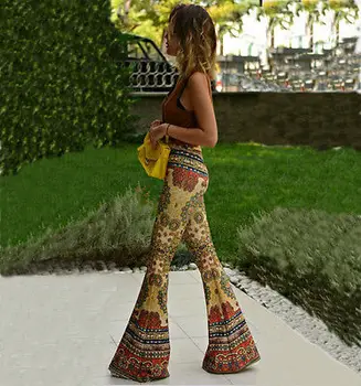 Móda Ženy Nohami Horela Palazzo Bell Spodnej Boho kvetinový Nohavice Úsek Vysoký Pás žltá boot cut nohavice