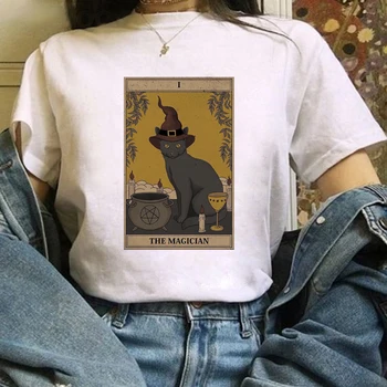 Móda Ženy Tarot Mačka Tlače T-shirts Zábavné Oblečenie Cartoon Dámske Žena Grafické Tričko Roztomilý T-Shirt Bežné Tee Tričko Tees
