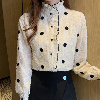 Móda ženy topy kórejský 2021 elegantné ženy dlhý rukáv Bodky office tričko bežné, blúzky