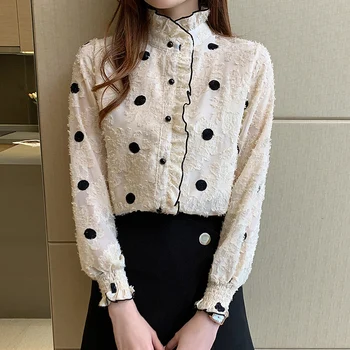 Móda ženy topy kórejský 2021 elegantné ženy dlhý rukáv Bodky office tričko bežné, blúzky