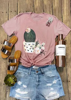 Módne Leto Ženy Ružová O-Neck T-Shirt Krátkym Rukávom Kaktus Kvetinový Tlač Žena t shirt 2019 Bežné Femme Dámy Topy Čaj