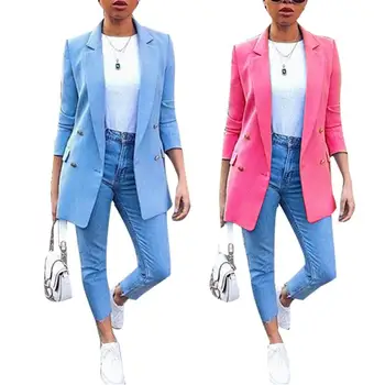 Módne Retro Plus Veľkosť Ženy Sako Kabát Na Jeseň Fashion Office Lady Jednofarebné Sako S Dlhým Rukávom Sako 2019 Nové Trendy