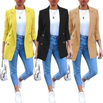 Módne Retro Plus Veľkosť Ženy Sako Kabát Na Jeseň Fashion Office Lady Jednofarebné Sako S Dlhým Rukávom Sako 2019 Nové Trendy
