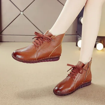 Módne Zimné Ploché Topánky Originálne Kožené Členkové Topánky Vintage Ležérne Topánky Značky Dizajn Ručné Ženy Boot S Veľkými Veľkosť 42