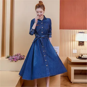 Na jar a na jeseň štýl novej kórejskej verzii klope a-tvarované strednej dĺžky dlhým rukávom módne džínsové šaty ženy
