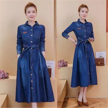 Na jar a na jeseň štýl novej kórejskej verzii klope a-tvarované strednej dĺžky dlhým rukávom módne džínsové šaty ženy