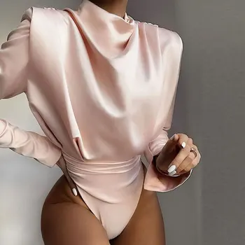 Na jar roku 2020 žien turtleneck satin záhyby sexy backless Elegantné Kombinézu retro dlhý rukáv, biela, ružová Kombinézach Telo Mujer