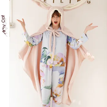 Na jeseň roku 2019 Satin Dlhý Rukáv Bežné Pyžamá pre Ženy Mora Tajomstvo Prúžok Tlač Sleepwear Viskóza Sexy Spánku Domáce Oblečenie