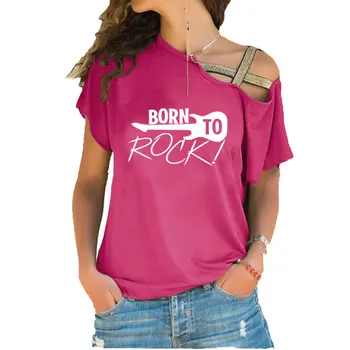 Narodil Sa Rocková skupina Roll Bicie Gitara Tlač fashion T-shirt Lete Ženy Bavlna Nepravidelný Skosenie Krku Kríž Obväz tshirts