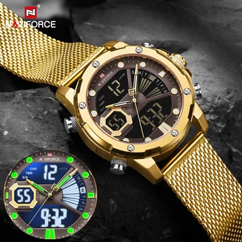 NAVIFORCE Luxusné Zlaté Pánske Hodinky Vojenské Digitálne Šport Quartz Ocele Kapela Náramkové hodinky Vodotesné Analógové Hodiny Relogio Masculino