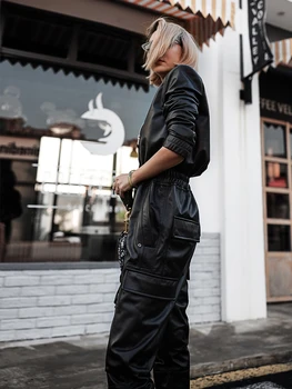 Nerazzurri Dlhé čierne faux kožené jumpsuit ženy dlhý rukáv zips Plus veľkosť pu kožené kombinézach pre ženy 2020 Streetwear