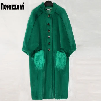 Nerazzurri Nadrozmerné zelená dlho načechraný umelú kožušinu kabát ženy bat rukáv s own kožušiny vrecká Chlpaté coats Plus veľkosť móda